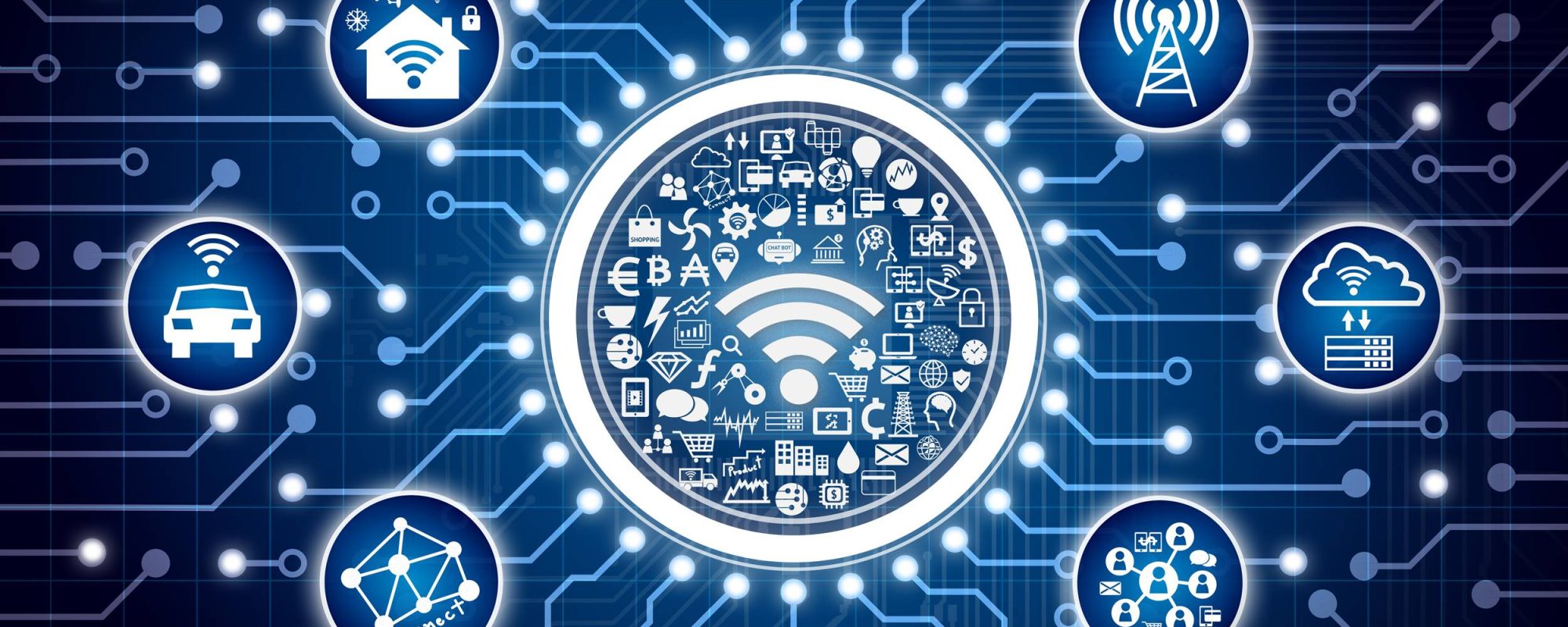 Internet of things , iot , smart home , smart city and network connect concept. Electric circuit graphic and infographic of wireless connection icons.