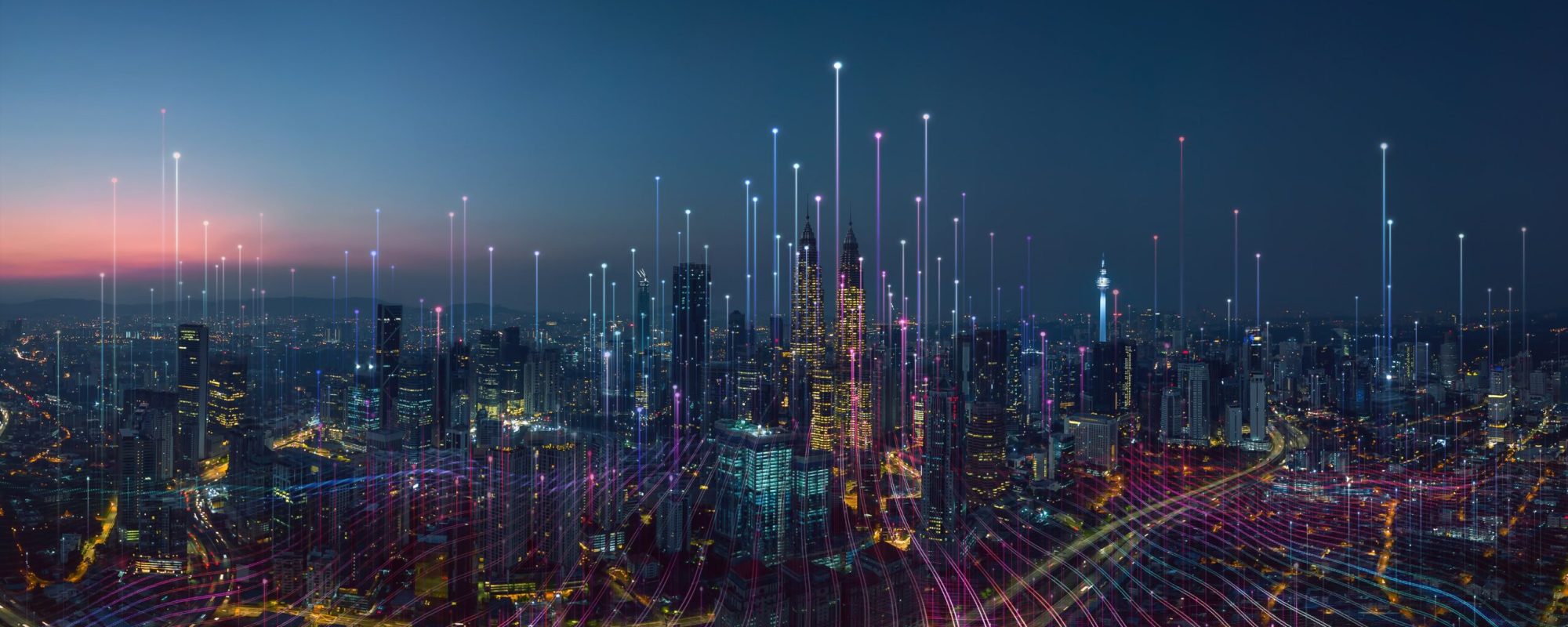 Smart city and abstract dot point connect with gradient line and aesthetic Intricate wave line design , big data connection technology concept .