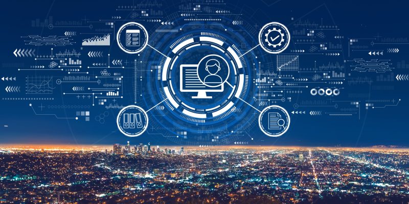 Document management system concept with downtown Los Angeles at night